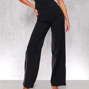 Black Woven Tailored Wide Leg Linen Pants